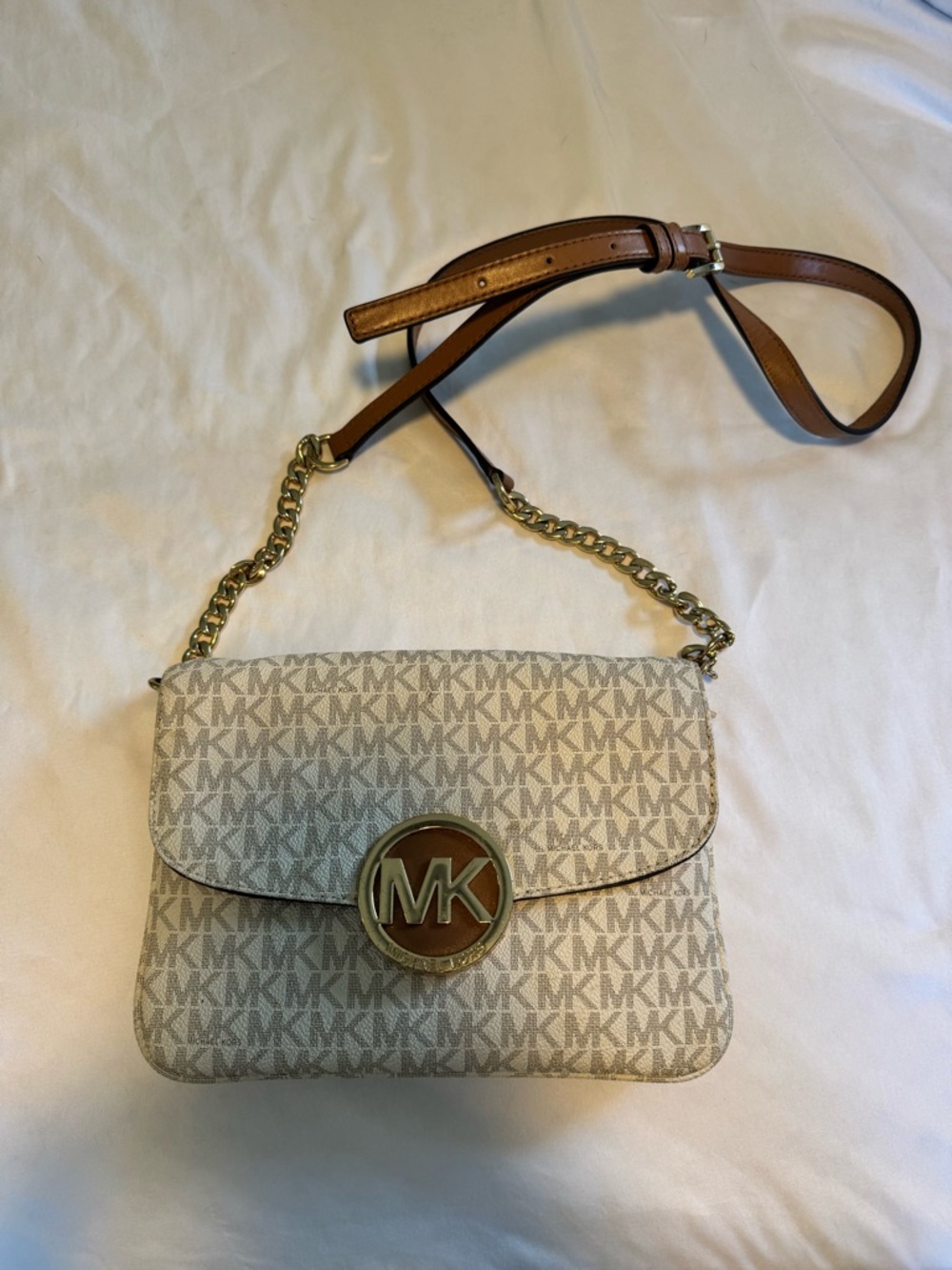 Michael Kors Beige Logo Crossbody with Brown Leather Strap and Gold Hardware